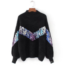 Women′s Fashion Half-High Collar Mohair Embroidery Sequins Lantern Sleeve Sweater